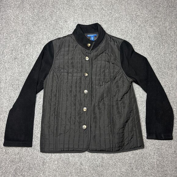 KAREN SCOTT SPORT Medium Puffy Coat Black Button Up Quilt Velour Mix W/Pockets - Picture 2 of 5